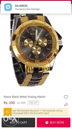 Round Gold Chronograph Watch With Black And Gold Link Strap