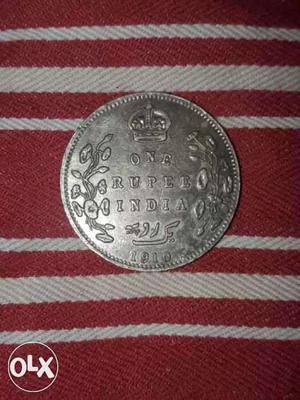 Round  Silver One Rupee Indian Coin