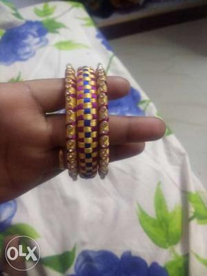 Three Brown-and-blue Silk Thread Bangles