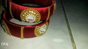 Two Jeweled Red Silk Thread Bangles