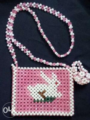 White And Pink Beaded Sling Bag