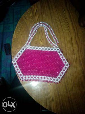 White And Pink Pearl Made Hand Bag