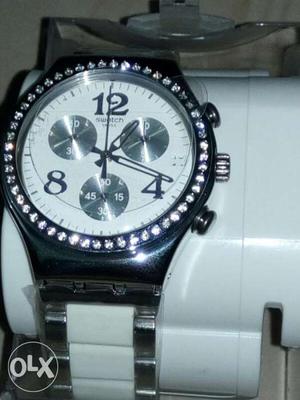 White And Silver Link Strap Swatch Chronograph Watch