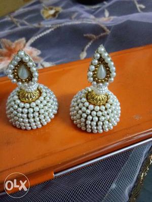 White Pearl Embellished Jhumka Earrings