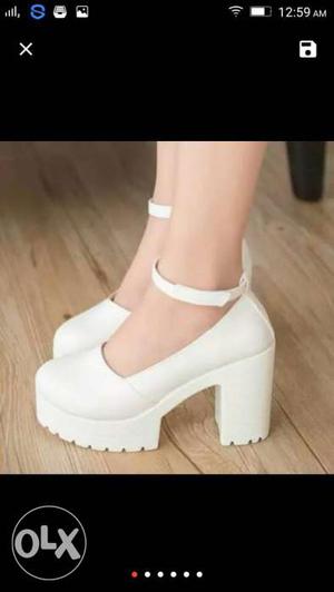Women's Pair Of White Leather Angle Strap Chunky Heels