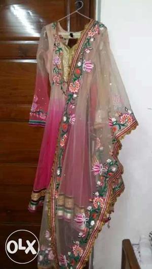 Women's Pink, Yellow And Green Floral Sari