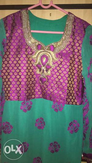 Women's Purple And Teal Gold Embellished Elbow Sleeve Kurti