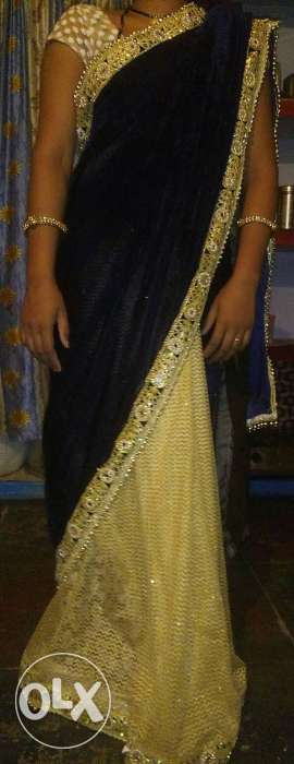 Women's Yellow And Black Floral Sari