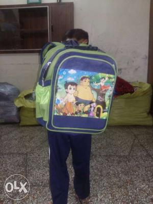 Toddler's Blue And Green Cartoon Print Backpack