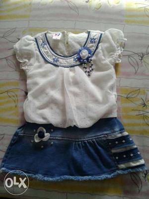 White Cap-sleeve Top And Blue Skirt size 24