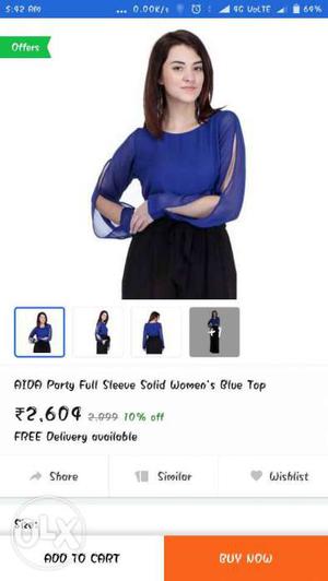 Women's Blue And Black Aida Party Full Sleeve Sold Blue Top