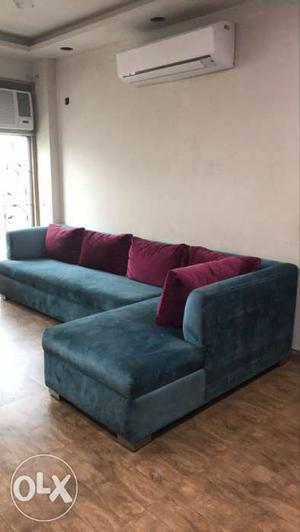 5 seater L shape blue swade sofa set wid hot pink