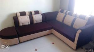 Brown And White Cushion Fabric Sectional Sofa