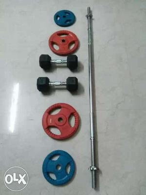 Gray, Black And Red Dumbbells And Barbell Set