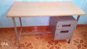 Gray Steel Framed Brown Wooden Top Single Pedestal Desk