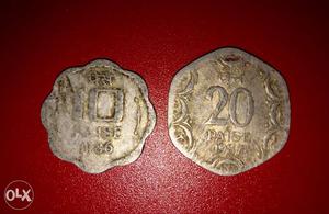 Old 10 paise and 20 paise coins of India