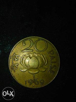 Round Gold 20 Indian Paise Coin