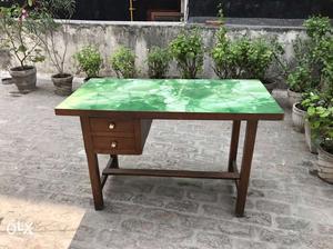 Brown And Green Wooden Table With Two Tiers Drawer