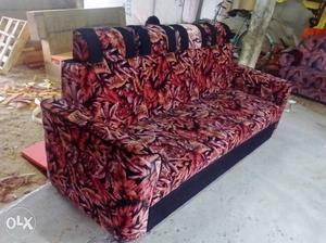 Red, Black, And White Floral Fabric Sofa