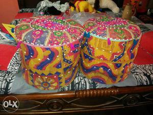 Yellow Red And Blue Fabric Cylindrical sitting stools