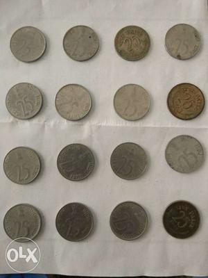 Old 25 rupees coin collection. 16 coins. price negotiable.