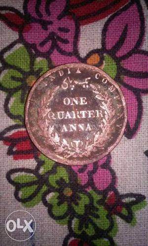 Round Bronze One Quarter Anna Coin