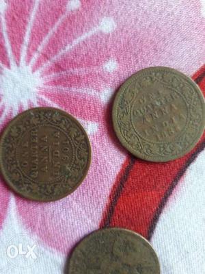Three One Quarter Anna Indian Coins