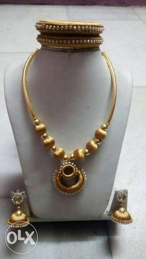 Beige Silk Thread Necklace, Jhumka And Bangles Set