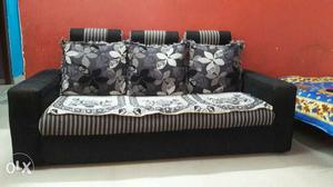 Black Leather White And Black Fabric Padded 5 seat Sofa