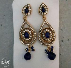 Gold, Diamond And Blue Gemstone Drop Earrings