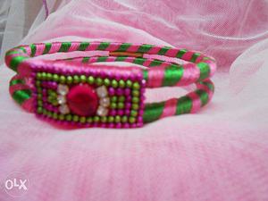 Green & pink silk thread bangle