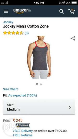 Men's Grey And Red Jockey Cotton Zone Tank Top.2pis.95cm.new