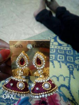Pair Of Red-silver-and-gold Beaded Jhumkas Earrings