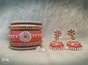 Pink Silk Thread Bangles With Two Jhumka Earrings Set