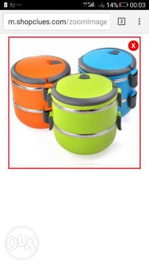 Set Of Three Green, Blue, And Orange Lunch Boxes