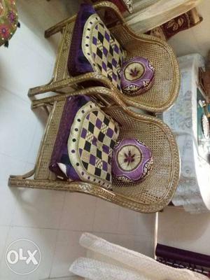Two Brown Wicker White And Purple Floral Checker Padded