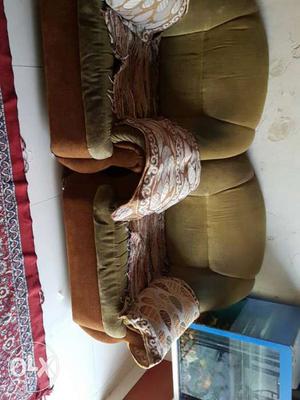 Two Brown-and-green Fabric Sofa Chairs