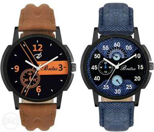Two Round Blue And Brown Strap Chronograph Watches