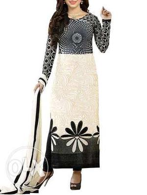 Women's Black And White Floral Long Sleeves Dress