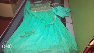 Women's Green And Gold-colored Floral Sequin long frock
