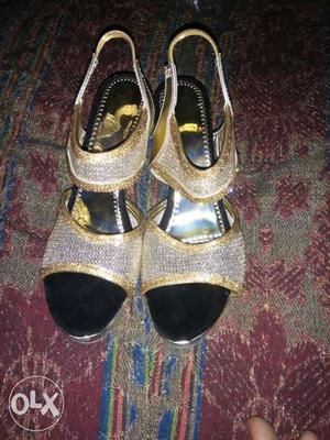Women's Pair Of Gold Gray And Black Open Toe Pumps
