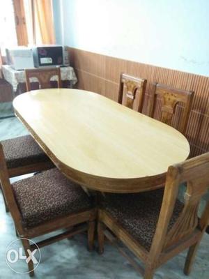 Beige Wooden Oval Dining Table With Chair Set, pure teak
