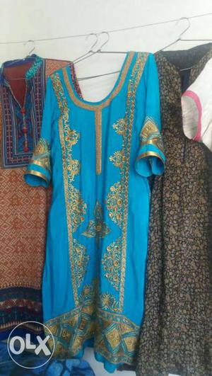 Blue And Gold-colored Kurti