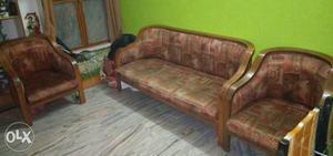 Brown And Green Padded With Brown Wooden Framed Sofa Set