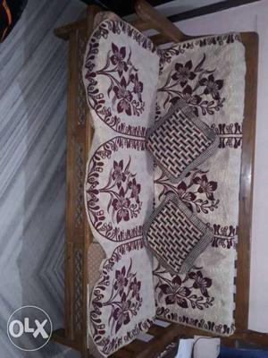 Brown Wooden Base Maroon And Beige Floral Sofa