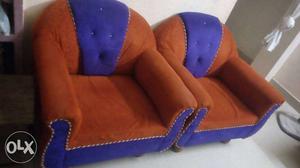 Pair Of Brown-and-blue Fabric Armchairs