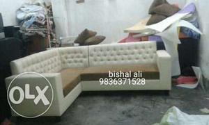 White And Brown Leather Tufted Back Corner Sofa
