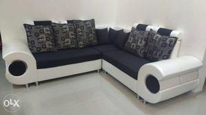 White Leather Black Fabric Top Sectional Couch