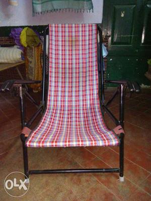 Black And Red Plaid Seat Metal Framed Armchair