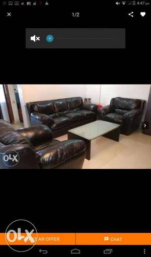 Black Leather 3-pc Sofa Set; Rectangular Black Wooden Coffee